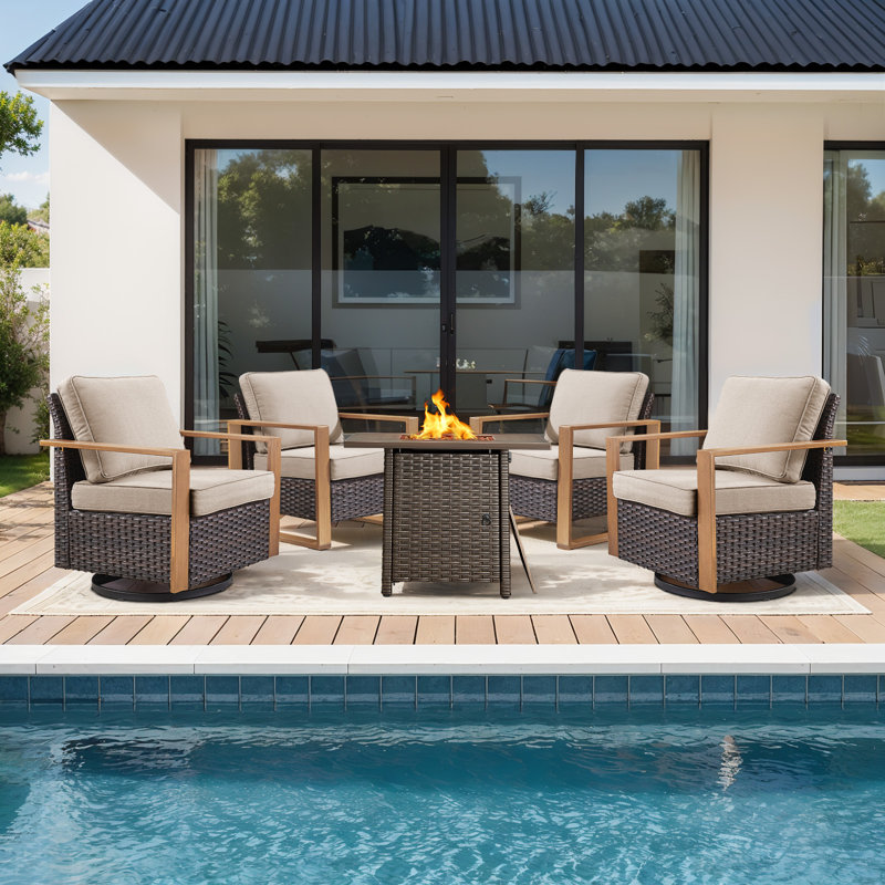 Drazen 4 - Person Patio Furniture Set With Fire Pit Table, All-Weather Wicker Outdoor Conversation Set With Chair And Thick Cushions