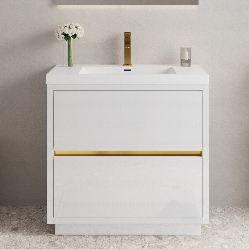 Meuble-lavabo sur pied 36 po avec lavabo, meuble-lavabo avec comptoir en résine de pierre et tiroirs à fermeture en douceur 36 po