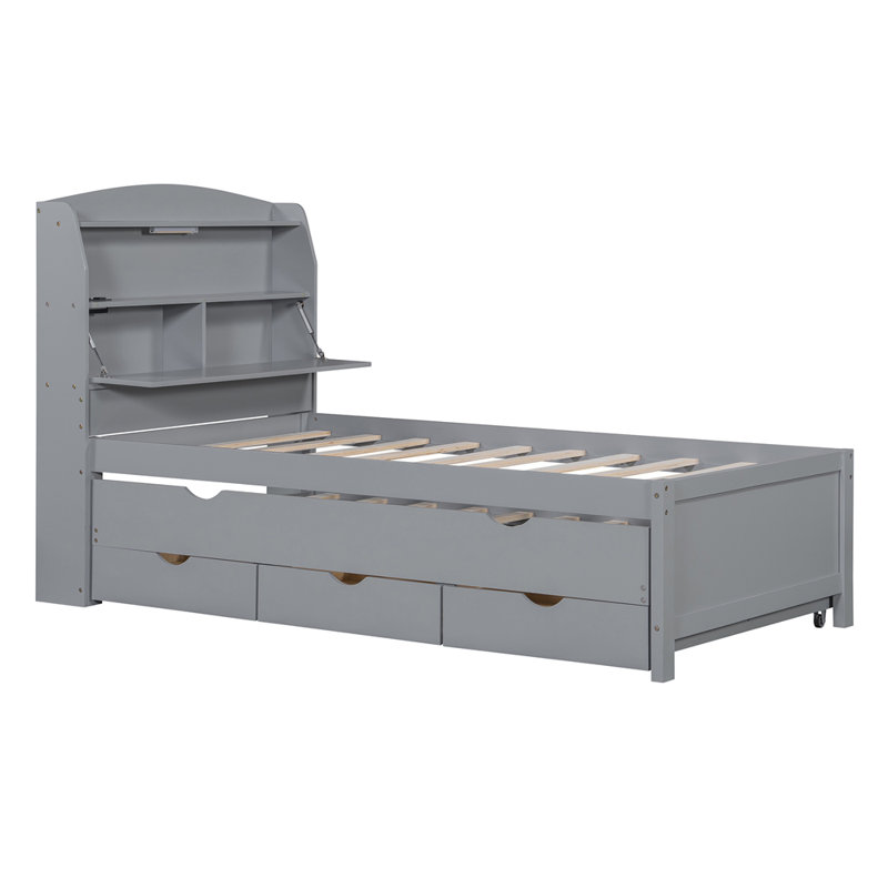 Lit plateforme moderne en bois avec lit gigogne et tête de lit à DEL avec tiroirs, gris, Simple