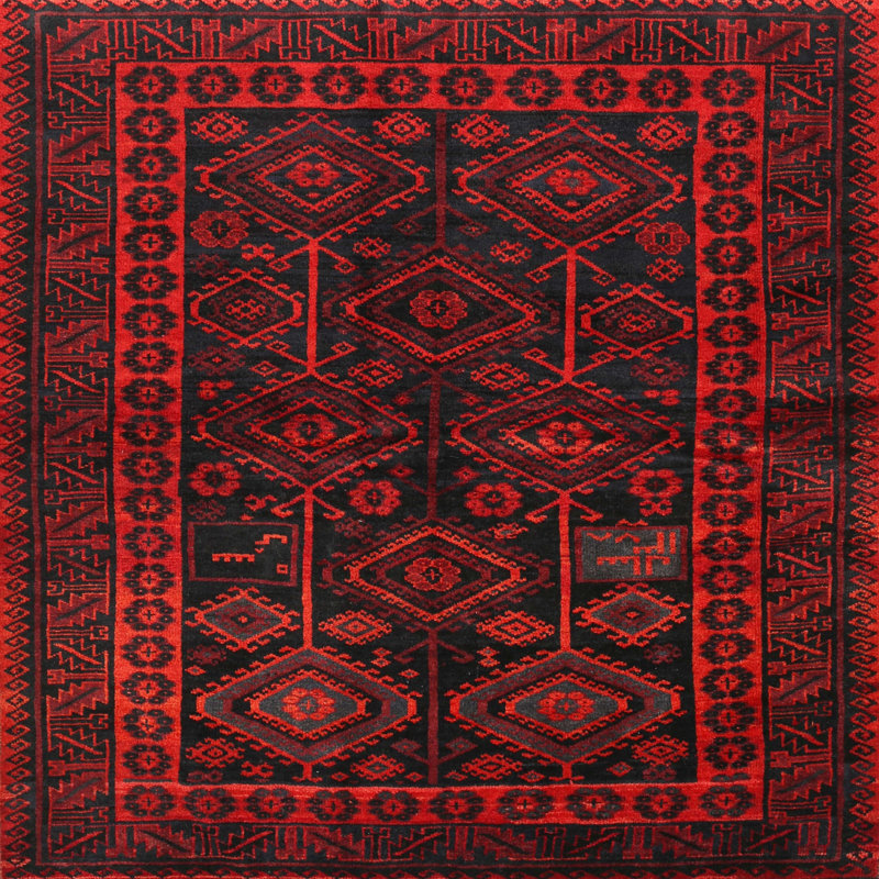 Tapis traditionnel rouge / noir, Carré 7 pi