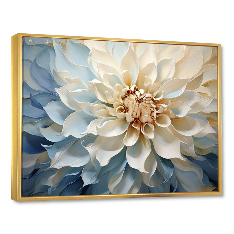 Blanc et bleu fleur de dahlia minimalisme - art mural dahlia, H 24 po x l 32 po x P 1 po, Cadre flottant doré