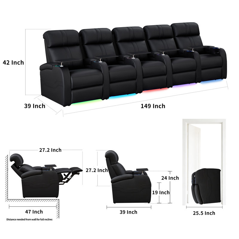 Fauteuil de cinéma maison Mizpah en cuir véritable, inclinable électriquement, avec éclairage d'ambiance DEL et confort zéro gravité