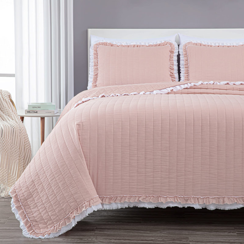 Twin Blush Cotton Reversible Quilt Set with Ruffled Edges