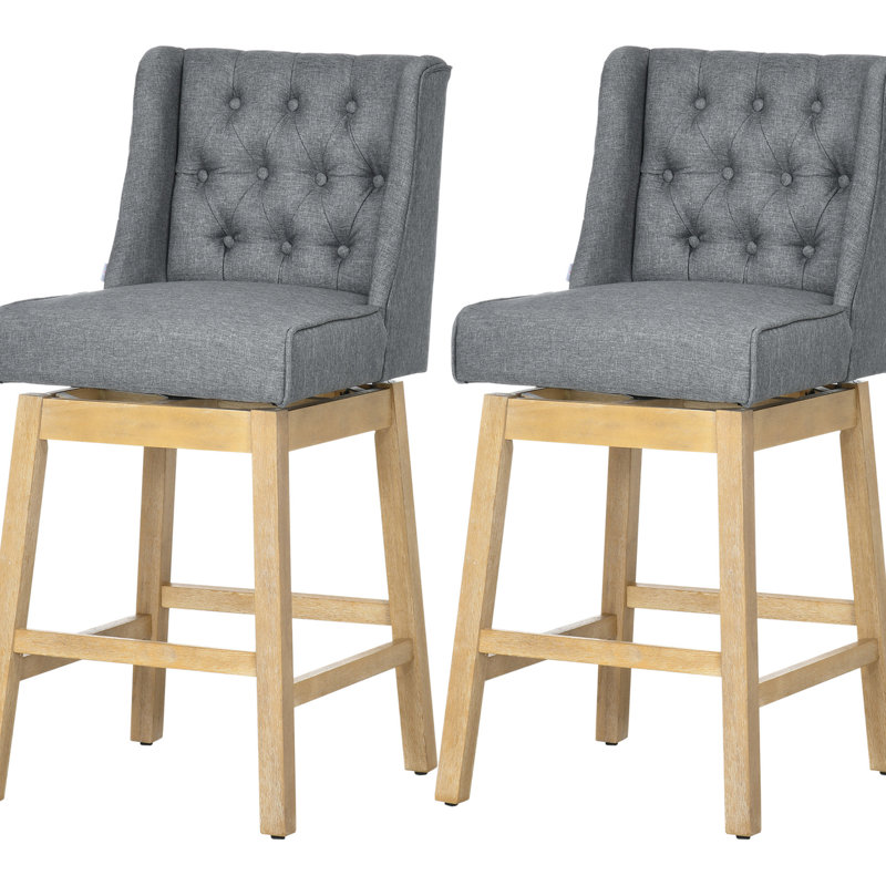De 2 chaises à hauteur de bar, siège de 30 po, rotatif à 180 degrés, gris, repose-pieds en bois massif, 2 sièges pivotants à boutons, rotatif, gris avec repose-pieds et revêtement