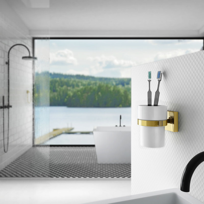 Porte-gobelet mural / porte-brosse à dents - écusson carré - verre en porcelaine, Laiton