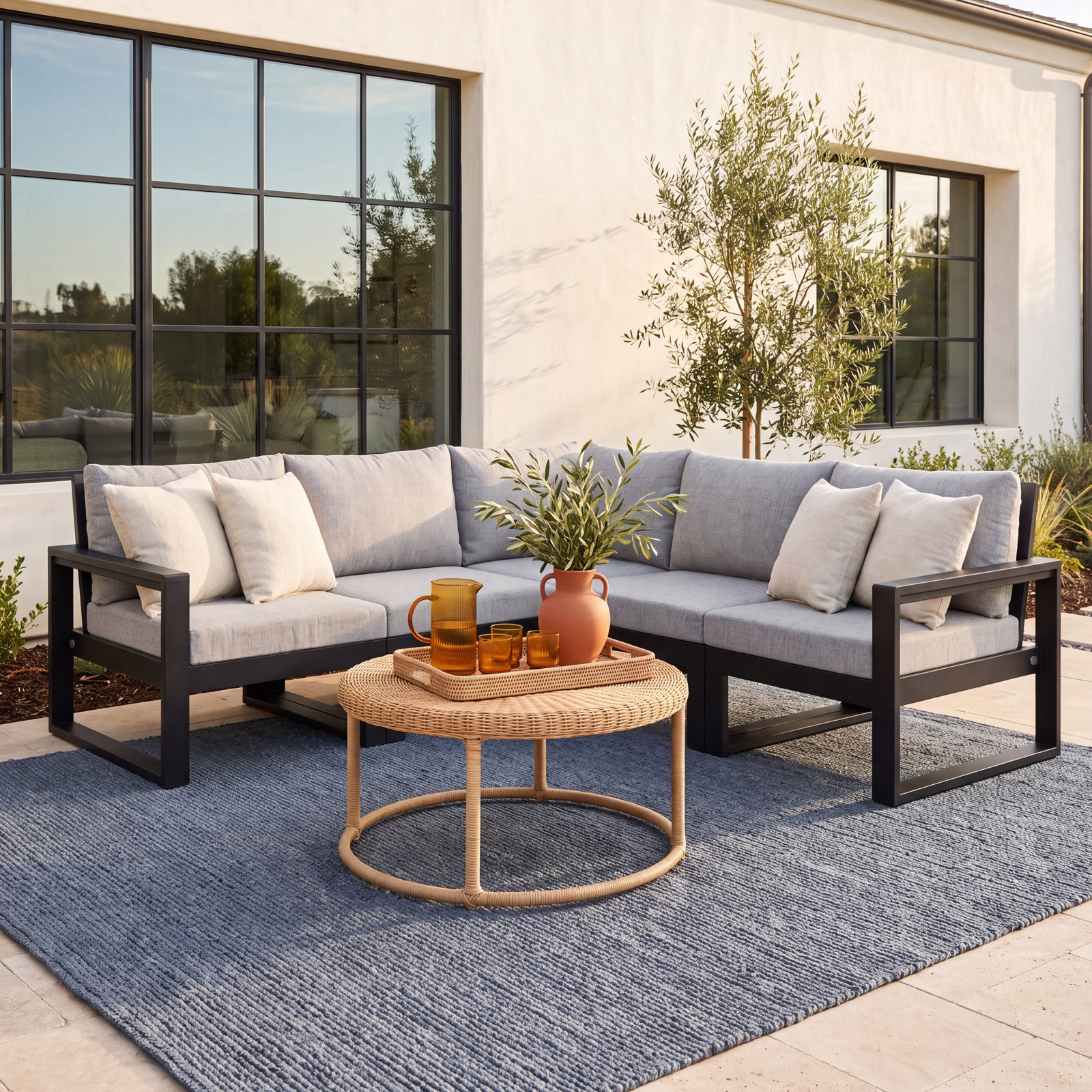 POLYWOOD® Edge 85" Patio Sectional, Grey Mist, Black