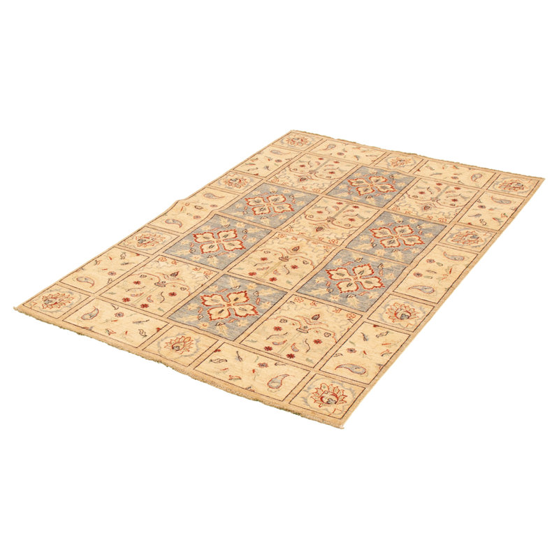 Tapis décoratif beige en laine noué à la main de conception unique 5 pi 3 po x 7 pi 9 po noué à la main New Age