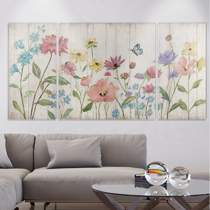 Wildflower Flutter on Wood - Reproduction d'art sur toile, H 24 po x l 48 po x P 1,5 po