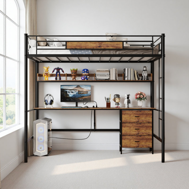 Loft Bed Twin Size With L-Shaped Desk, Charging Station, Twin Metal Loft Bed Frame With Fabric Drawers & Shelve, Safety Guardrail, No Box Spring Needed