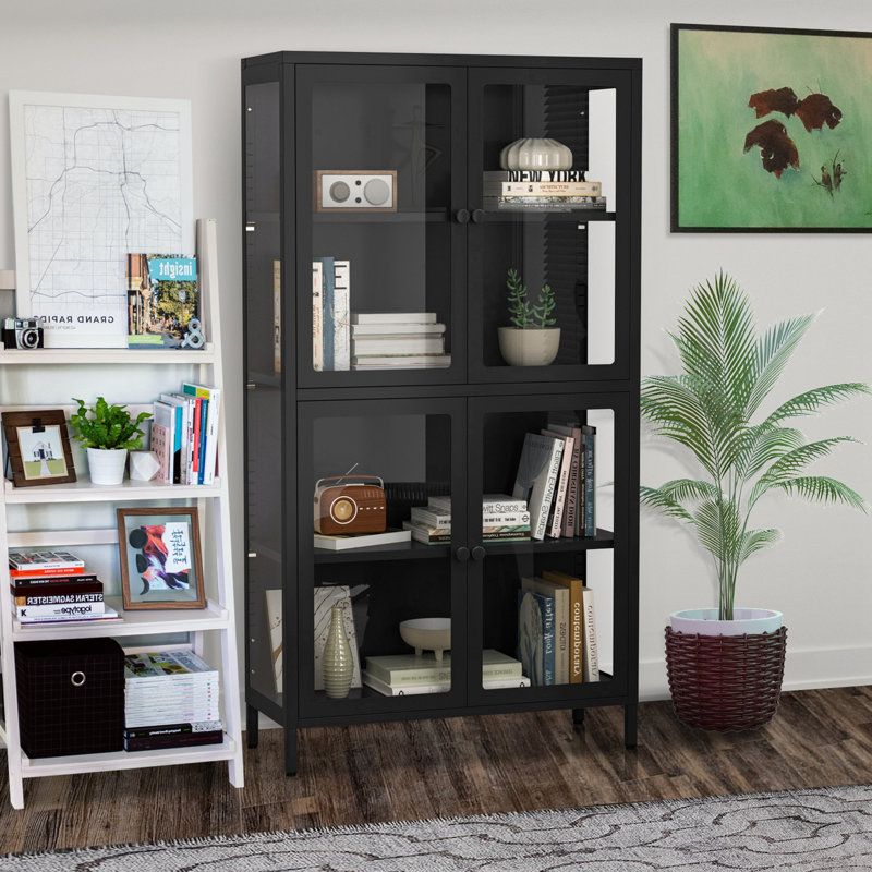 Armoire de rangement à quatre portes en verre avec tablettes réglables, Noir