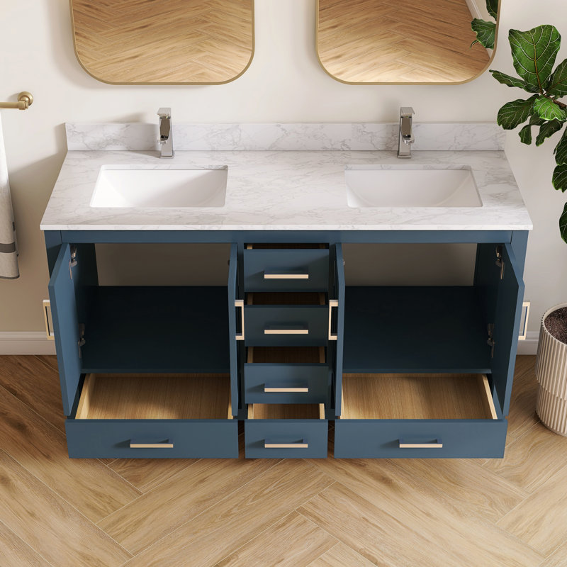 Meuble-lavabo double 60 po avec plateau en granite blanc Aura Aura, Bleu