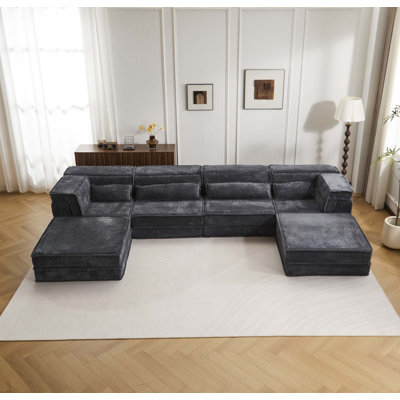 Compression Mahjong Sofa,Convertible Floor Sofa Bed,DIY Boneless Modular Sectional Sofa,No Assembly Required,Circle fleece fabric,Oversized 4 Seater with 2 Ottoman