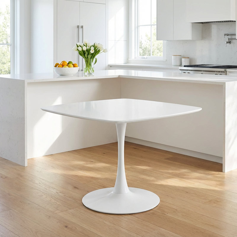Table à piédestal moderne avec plateau en panneau de fibres à densité moyenne et base en métal pour 4 à 6 sièges, Blanc