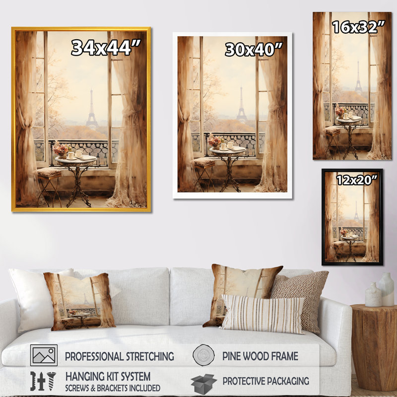 «Rustic Eiffel Tower Paris Window View II - City Paris», art mural, Cadre flottant doré, H 40 po x l 30 po x P 1,5 po
