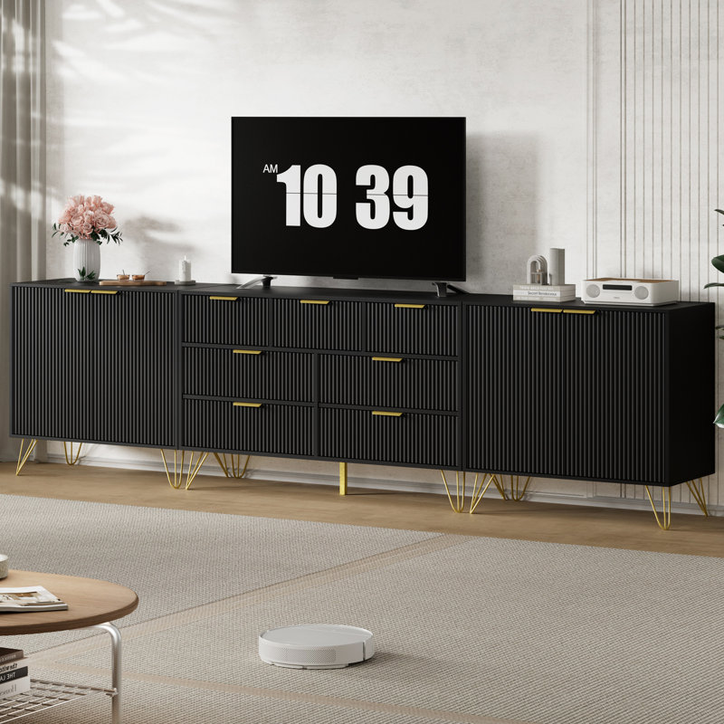 3-In-1 Modern Tv Stand For Tvs Up To 85" With 7 Drawers & 4 Storage Compartments, Black
