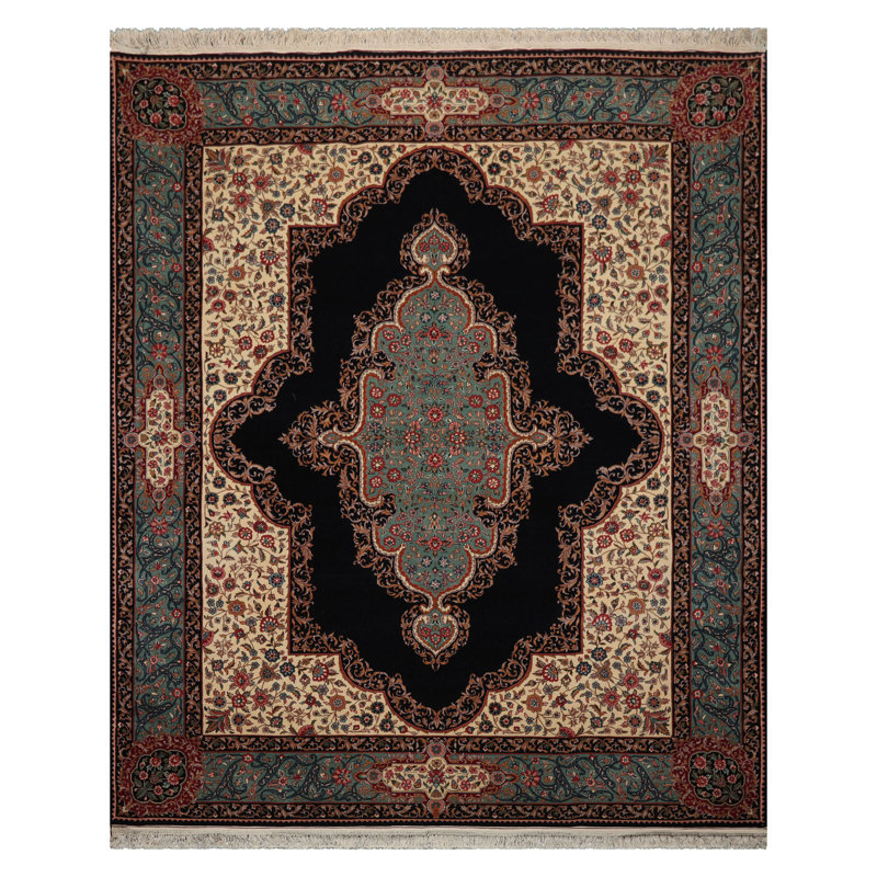 Tapis velouté bleu en laine noué à la main 8 pi x 10 pi 300 KPSI Cameron