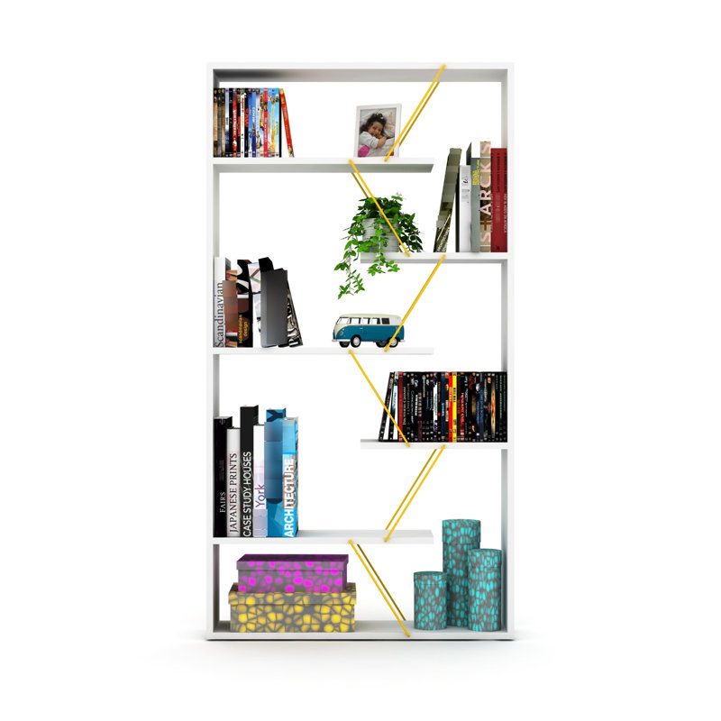 Bibliothèque industrielle avec 6 tablettes, structure en bois moderne pour le salon et le bureau, bibliothèque blanche / jaune à 6 tablettes, espaces de bureau,