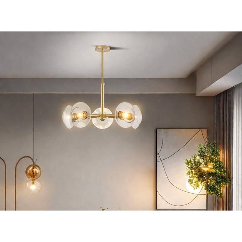 Lustre doré à 5 lumières avec design spoutnik, lustre moderne en métal linéaire, luminaire à hauteur réglable
