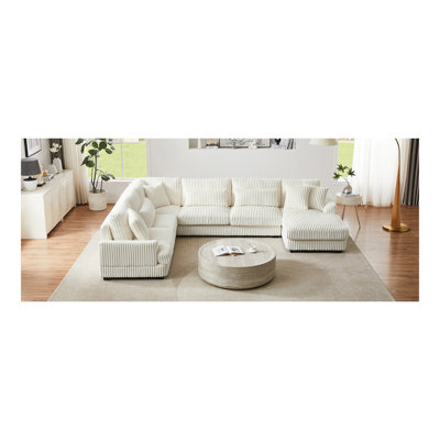 Canapé modulaire surdimensionné de 129 po en forme de U de 129 po Canapé moderne revêtu de velours côtelé doux avec une chaise longue pour le salon, beige
