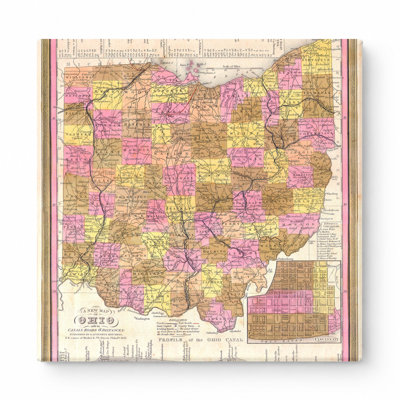 A New Map of Ohio with its Canals, Roads & Distances (1846) — Square Canvas Wall Art