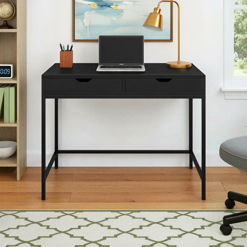Aerne Solid Wood Iron Writing Desk, Black