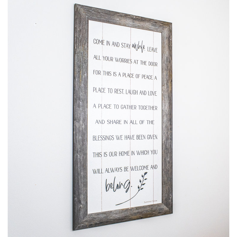 «Come In and Stay A Time» - Reproduction d'art textuel avec cadre photo, L 20 po x H 40 po x P 0,5 po