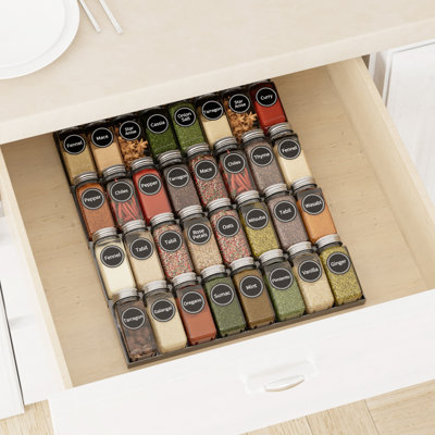 4-Tier Spice Drawer Organizer with Spice Jars and 386 Spice Labels, Seasoning Rack Tray Insert for Kitchen Drawer Storage