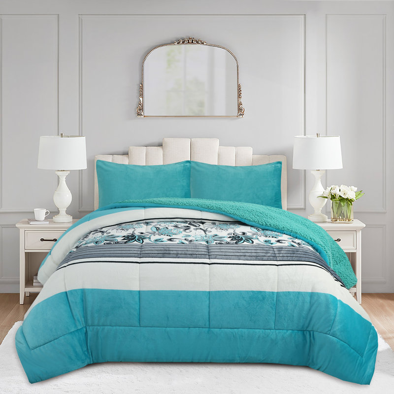 Ensemble d'édredon 3 pièces MarCielo, Édredon très grand + 2 taies décoratives très , Floral bleu sarcelle