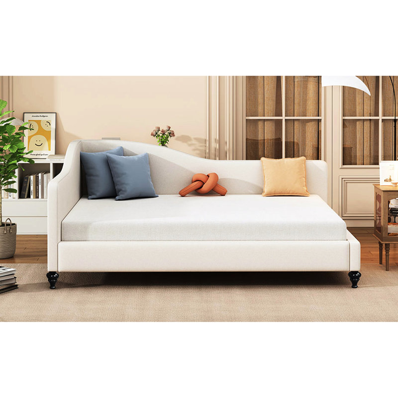 Élégant lit de jour en forme de L en lin beige texturé avec pieds en bois massif intemporel - attrait durable, Lit double