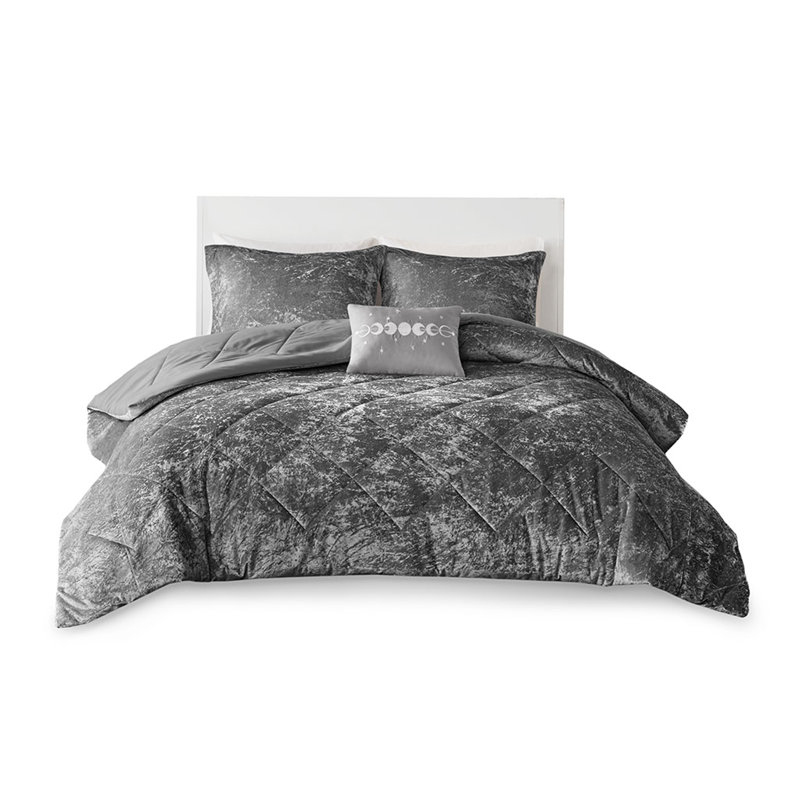 Ensemble d'édredon en velours pour grand lit avec coussin décoratif, Gris, Édredon grand et 3 pièces supplémentaires