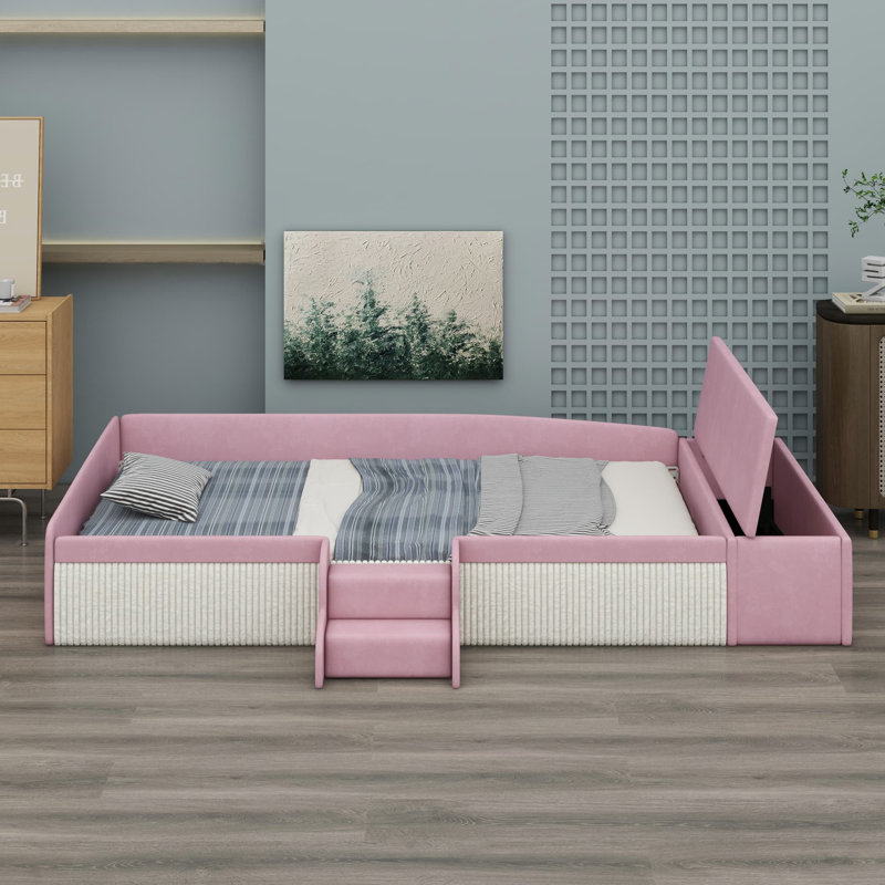Lit de jour rembourré avec escalier et repose-pieds avec rangement à gaz, Queen Size, Rose et blanc