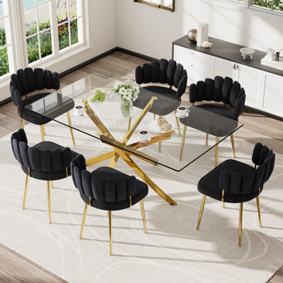 Ensemble de table de salle à manger rectangulaire moderne en verre avec chaises en velours