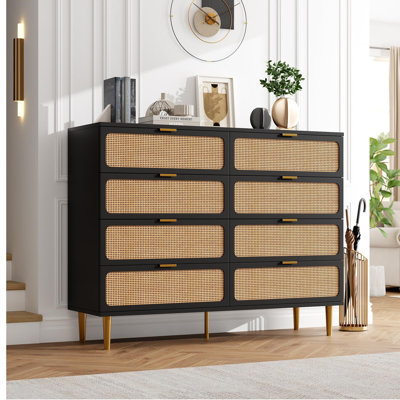Rattan 8-Drawer Dresser, Tall Chest of Drawers with Deep Storage and Wide Top, Large Wooden Dresser for Bedroom