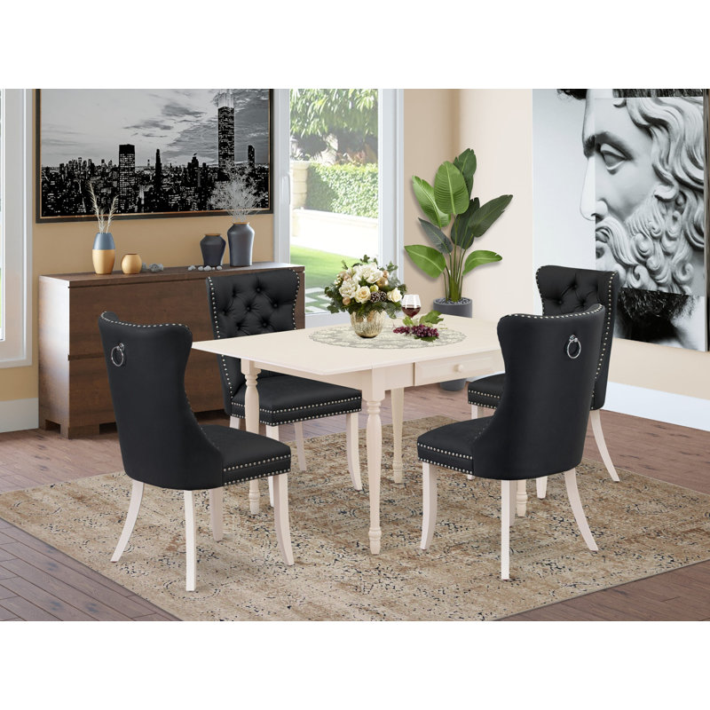 Cet ensemble de salle à manger 5 pièces comprend une table de cuisine rectangulaire avec Dropleaf et 4 chaises rembourrées