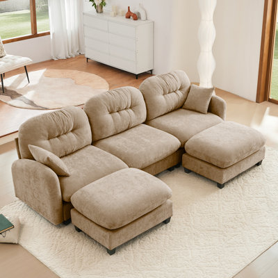 Canapé modulaire en U modulaire avec repose-pieds, tissu en chenille de qualité supérieure, avec 2 coussins décoratifs, dossier rembourré en mousse à haute densité