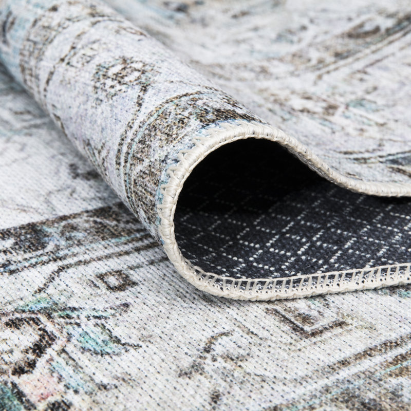 Washable Non-Slip Traditional Area Rug - Blue / Beige Rug for Entryway, Hallway, Bathroom, and Kitchen - Ferrante