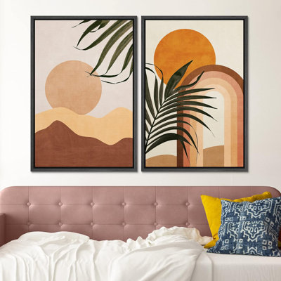 Mid-Century Palm Leaf Geometric Landscape Abstract Shapes Modern Art Wall Decor Artwork Bohemian Framed On Canvas 2 Pieces Print -  wall26, FCV-A06-2207-WIN40-B.BK-24x36x2