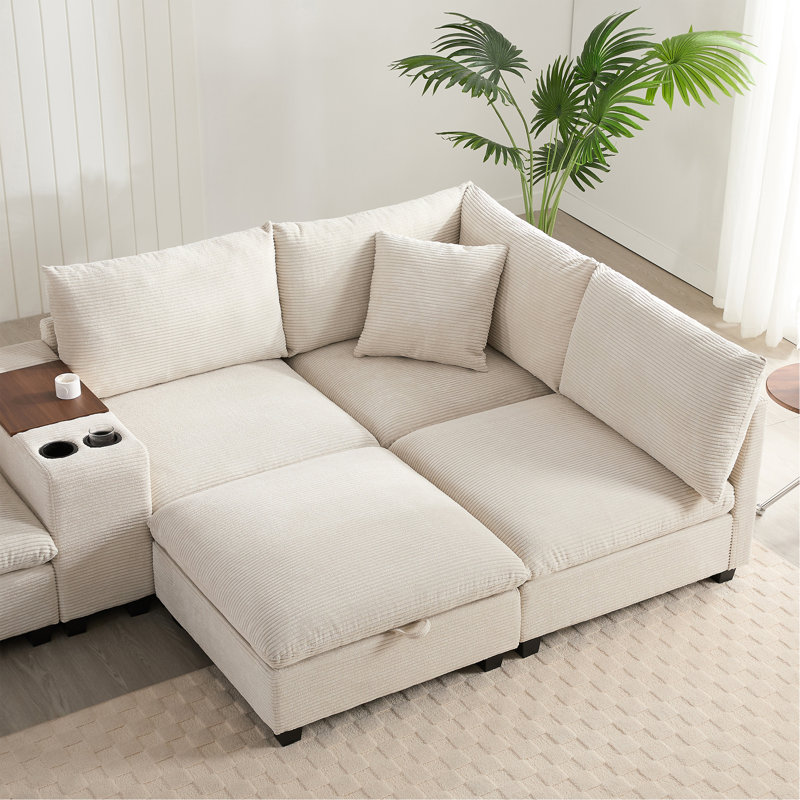 Canapé modulaire surdimensionné de 140 po avec repose-pieds et console de rangement amovibles, poches de rangement amovibles, porte-gobelet, siège large, chargeur USB, canapé en velours côtelé à 6 places pour salon, 2 couleurs
