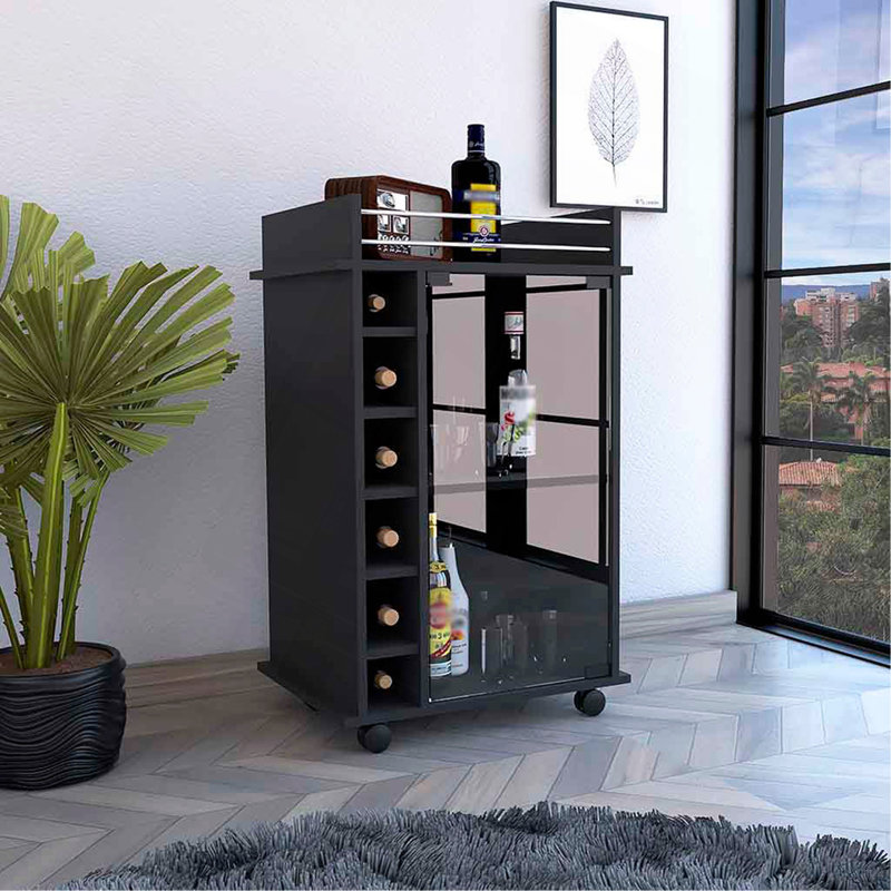 Chariot-bar Baltimore, armoire à deux niveaux avec porte en verre, six casiers à vin