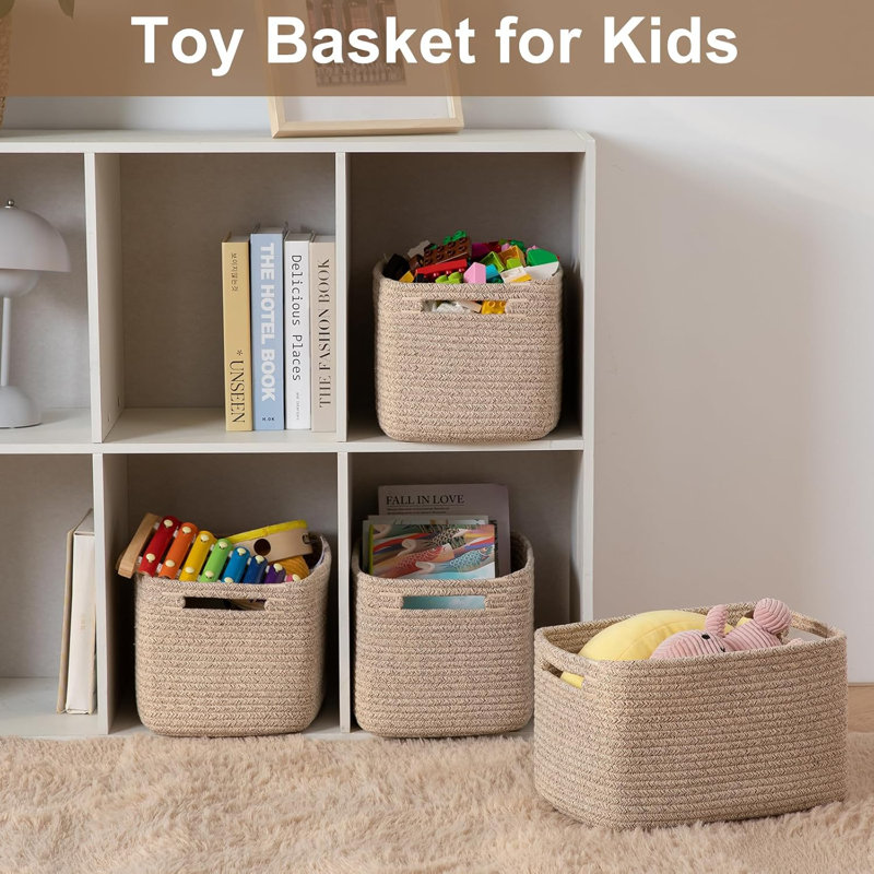 Woven Storage Baskets With Handles, Cotton Rope Organizing Bins For Toys, Books, Towels, And Clothes, Multipurpose Home Decor For Shelves, Pack Of 4