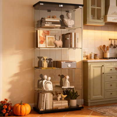 Razuri Tempered Glass Display Cabinet with Mirrored Back Panel, 5-Shelf Curio Cabinet with 2 Door