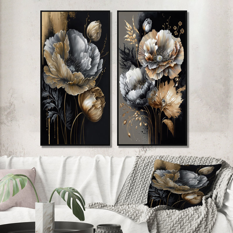 «Golden Gothic Floral Bouquet», 2 pièces sur toile, Cadre noir, H 20 po x l 24 po