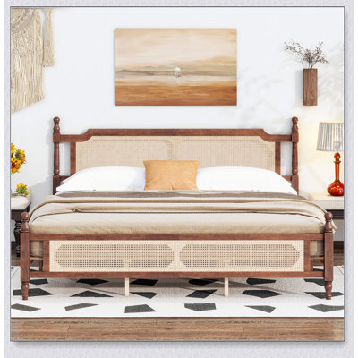 Pine Wood Bed with Rattan Headboard & Footboard – Central Enhanced Platform – Under-Bed Storage, No Box Spring Needed (Bed Only, No Mattress Included)