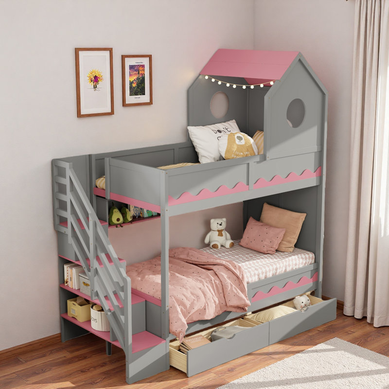 Lit superposé simple de style maison avec escalier de rangement, deux tiroirs et tablettes éclairées, Gris / rose