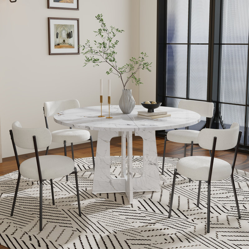 Ensemble de salle à manger à piédestal 47 ", table de salle à manger ronde et chaise Teddy, 5 pièces: table, 4 chaises, Blanc