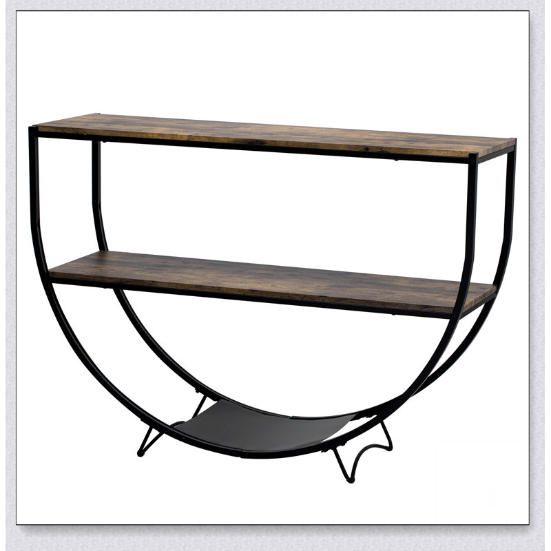 Rustic Industrial Design Demilune Shape Textured Metal Distressed Wood Console Table
