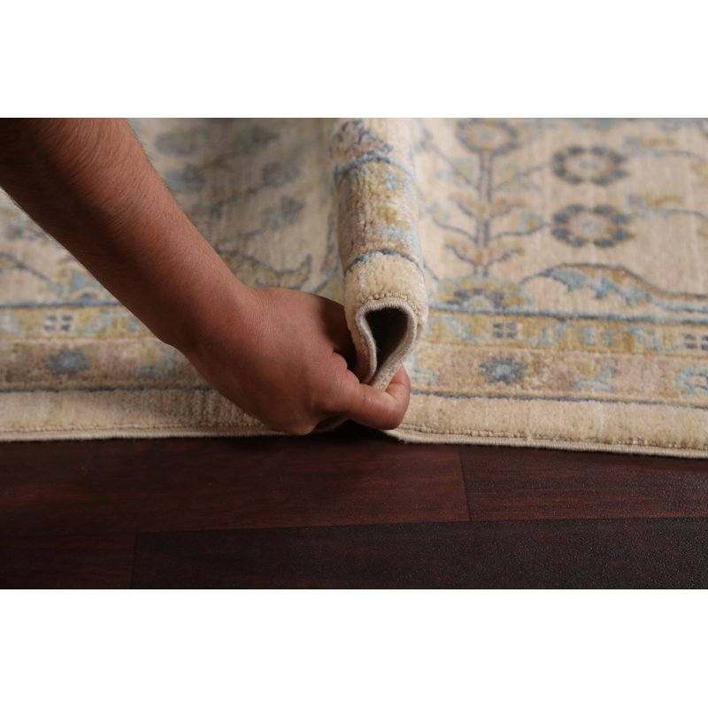 Tapis beige en laine noué à la main de conception unique 7 pi 11 po x 9 pi 10 po