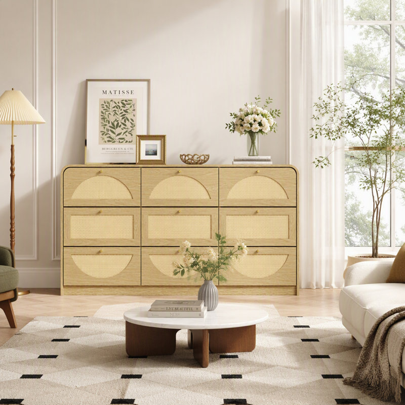 Commode à 9 tiroirs avec façade en rotin, grande commode en panneaux de particules pour un rangement moderne dans la chambre, le salon et l'entrée.