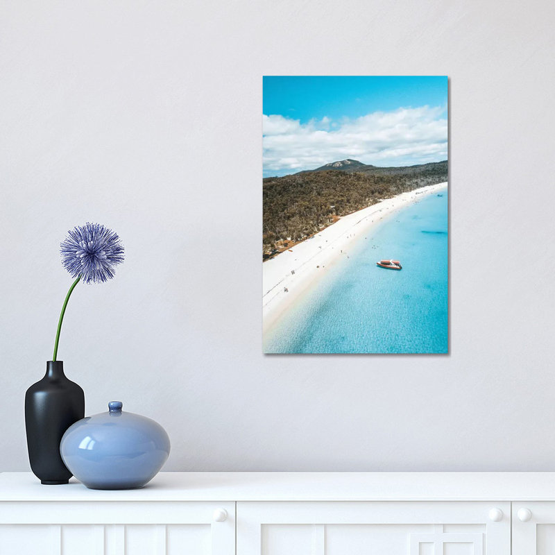 Blue Water White Sand Island Beach Aerial 1 Piece Wrapped Canvas Wall Art, 45.72cm H x 30.48cm W