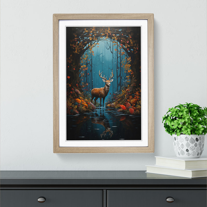 Deer Hard Edge - Single Picture Frame Print on Wood, 34cm H x 25cm W, Oak Framed